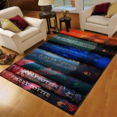 a living room area rug with harry potter books on it