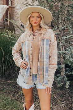 - Capture that cozy fall vibe with this must-have denim layering piece! The timeless plaid print and vintage-inspired details will have you feeling all the pumpkin spice feels. - Unlined denim material - Camel coloring at the top and a plaid pattern on the bottom featuring ivory, iced mocha, red, and different blue hues - Frayed, unfinished seam accents - A collared neckline - A button closure front - Long sleeves with button closure cuffs and frayed detailing - A relaxed silhouette that ends in Fall Shacket In Medium Wash, Plaid Denim Outerwear With Long Sleeves, Plaid Denim Outerwear For Fall, Plaid Denim Long Sleeve Outerwear, Trendy Washed Shacket For Fall, Long-sleeved Plaid Denim Outerwear, Washed Long Sleeve Shacket For Fall, Medium Wash Button-up Shacket For Fall, Long Sleeve Washed Shacket For Fall