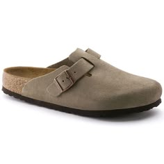 Boston Soft Footbed Suede Leather Taupe | BIRKENSTOCK Shoes For Christmas, Boston Soft Footbed, Boston Clogs, Low Heel Flats, Breaking In, Types Of Heels, Rubber Sandals, Birkenstock Madrid, Birkenstock Boston Clog