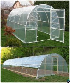 two pictures of a green house in the grass