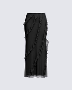 A modern take on a classy classic 😏 This black ruffle maxi skirt is crafted from ultra-soft chiffon fabric, and boasts a mid-rise fit, ruffle details, a slight mermaid shape, and an invisible side zipper 🖤 White Corset Dress, Ruffle Maxi Skirt, Yellow Mini Dress, Chain Dress, White Corset, Sequin Mini Skirts, Skirt Long, Pink Sequin, Fashion Fits