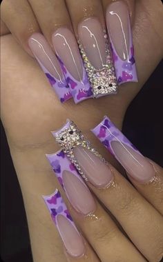 Red And Purple Acrylic Nails, Camo French Tip Nails, Purple Camo Nails, Purple Hello Kitty Nails, Purple Prom Ideas, Purple Nails With Rhinestones, Purple French Tip Nails Acrylic, Purple Y2k Nails, Purple Nail Set