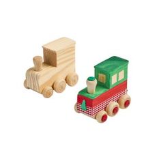 a wooden toy train next to a wooden toy truck