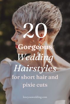 Find your cute and elegant bridal hairstyle for short hair, whether you want pixie cut, bob, or shoulder length bride hairstyles that are down, half up half down, updo, or with veil. We have the perfect wedding hairstyles for short hair. Click through for short wedding hair for brides and pixie cut wedding hair. Pixie Haircut For Wedding, Short Bob Wedding Styles, Very Short Hair Wedding Hairstyles, Wedding Veils For Short Hair, Formal Hairstyles For Very Short Hair, Very Short Hair Wedding Styles, Brides With Pixie Haircut, Pixie Haircut Wedding Style, Wedding Hairstyles For Short Hair Pixie