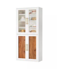 a white cabinet with glass doors and wood trimmings on the bottom, in front of a white background