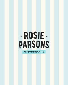 the logo for rosie parson's photography, with stripes in blue and white