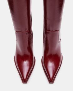 AURA Wine Heeled Knee-High Boot | Women's Boots – Steve Madden Burgundy Knee Boots, Red Knee Boots Outfit, Knee High Flat Boots, Dresses With Boots, Burgundy Thigh High Boots, Wine Heels, Burgundy Shoes Outfit, Holiday Party Shoes, Red Boots Outfit