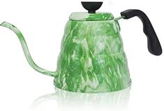 a green marbled coffee pot with a black handle