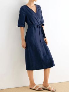 Come to Shopcozy to buy Dresses at a discounted price, SPU: 4492DRAHDF2F, Color: Blue, Style:Casual, Thickness:Regular. Knee-length Wrap Dress For Day Out, V-neck Linen Dress For Workwear With Relaxed Fit, Relaxed Fit Linen V-neck Dress For Work, Non-stretch Short Sleeve Dresses For Work, Formal V-neck Linen Dress, Elegant A-line Dress With Relaxed Fit, Casual V-neck Linen Dress For Brunch, Midi-length Non-stretch Work Dresses, Summer Midi-length V-neck Workwear Dress