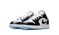 The Air Jordan 1 Low SE GS “Concord” is the youth sizing of the popular low-top sneaker that draws inspiration from the Air Jordan 11’s original colorway.  Based on the iconic “Concord” Jordan 11, the Jordan 1 Low SE GS features a white leather base with contrasting black patent leather overlays and Swoosh branding.  White “Wings” detailing is embroidered on the back of the shoe.  A black Jumpman is found on the white nylon tongue.  Underfoot, the icy blue translucent outsole is a nod to the des Concord Jordan 11, Nike Air Jordan Low, Nike Jordan 1 Low, Jordan Shoes For Women, Air Jordan Low, Jordan Low, Shoes Streetwear, Sneakers Jordan, Nike Jordan 1