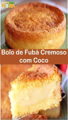 two pictures with different types of desserts on them and the words bolo de fuba cremoso com coco