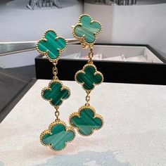 CLOVER MALACHITE 3 MOTIFS GOLD EARRINGS Lucky Earrings, Clover Design, Stylish Earrings, Detailed Jewelry, Meme Design, Malachite Stone, Stylish Earring, Fine Jewelry Gift, Love Bracelets