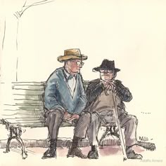 two men sitting on a bench next to each other, one is wearing a hat