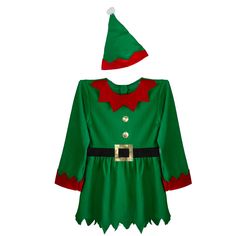 a child's green and red christmas outfit with santa hat on top, standing in front of a white background