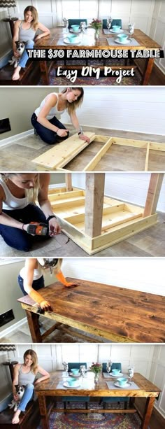 three pictures showing how to make a coffee table from pallets and wood planks