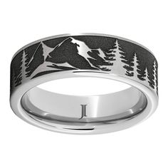 Let your love of the natural world shine with this impeccably detailed Serinium® ring featuring a landscape of mountains and pines. This style is made for everyday wear and ultimate comfort no matter where the adventure takes you. Serinium® is a safe and ultra-hard metal with a bright white finish. It’s hypoallergenic and formed for everyday wearability from the town to the trail. Engraved Wedding Ring, Engraved Wedding Rings, Wedding Band Engraving, Engraved Wedding, Black Hills Gold, Hard Metal, Jewelry Essentials, Pine Forest, Mens Band