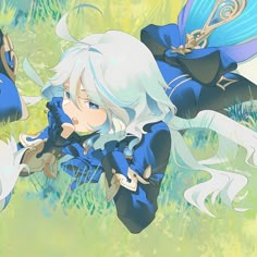 two anime characters are in the grass, one is white and the other is blue