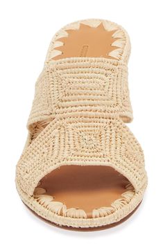 Woven raffia straps enhance the vacation-ready vibe of a breezy slide sandal lofted by a textural block heel. 2 1/2" heel Raffia upper/leather lining and sole Imported Chic Vacation Sandals With Stacked Heel, Natural Woven Leather Wedge Sandals For Vacation, Chic Woven Mules For The Beach, Chic Woven Mules For Beach, Chic Straw Mules For Vacation, Wedge Heel Slides For Summer Vacation, Summer Vacation Wedge Heel Slides, Summer Vacation Slides With Wedge Heel, Beige Block Heel Mules For Vacation