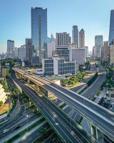 an aerial view of the city skyline and freeway