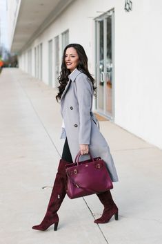 Wearing color in the winter Burgundy Boots Outfit, Winter Boots Outfits, Burgundy Boots, Boot Outfits, Spring Work Outfits, Wearing Color, Travel Clothes Women, Wearing All Black, Summer Attire