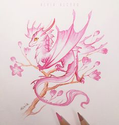 a drawing of a pink dragon on a branch with flowers and leaves in the background