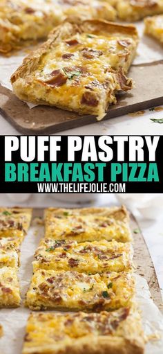 puff pastry breakfast pizza cut into squares and placed on parchment paper with text overlay that reads puff pastry breakfast pizza