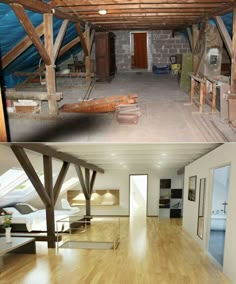 before and after pictures of an unfinished room with wood floors, exposed beams and walls