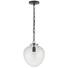 a light fixture with a glass ball hanging from it's chain on an isolated white background