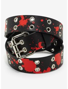 Emo Clothes Accessories, Zombie Accessories, Emo Belts, Scene Items, Red Paint Splatter, Black And Red Outfit, Emo Accessories, Grommet Belt, Scene Accessories