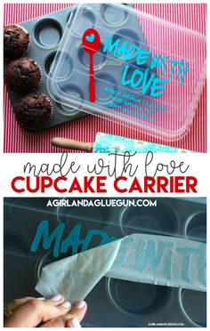 cupcake carrier made with the word make it pop on top and in front of some muffins