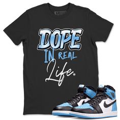 Free domestic shipping on all orders over $60! Elevate your style with Drip Gear Zone, where you'll find the perfect tee to match your 1s University Blue sneakers.Dope In Real Life t-shirt design was made to superbly match your kicks. Shop our Drip Gear Zone collection now to find the best sneaker shirts and Jordan outfits. We have a lot of high-quality sneaker match shirts and more. 100% Cotton [Black,White] 90% Cotton / 10% Polyester [Heather Grey] 50% Cotton / 50% Polyester [Safety Green] Hoodie/Sweatshirt - 80% Cotton / 20% Polyester Blue Letter Print T-shirt For Streetwear, Light Blue Screen Print T-shirt For Streetwear, Urban Style Blue Short Sleeve Shirt, Blue Graphic Print Shirt For Streetwear, Light Blue Short Sleeve Shirt For Streetwear, Urban Blue Tops With Text Print, Light Blue Graphic T-shirt For Streetwear, Urban Blue Screen Print Tops, Blue Screen Print Tops For Streetwear