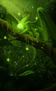 a green dragon sitting on top of a tree branch in the middle of a forest