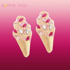 Ice cream earrings detailed with rhinestones and mini pearls Trendy Handmade Clip-on Earrings For Party, Crystal Rhinestone Earrings For Gifts, Trendy Jeweled Dangle Jewelry, Trendy Jeweled Dangle Earrings, Trendy Jeweled Drop Earrings, Trendy Crystal Earrings As Gift, Trendy Crystal Earrings For Gifts, Handmade Glamorous Jewelry Gift, Gift Rhinestone Drop Crystal Earrings