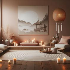 a living room with candles on the floor and artwork hanging above it's fireplace