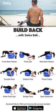 a man and woman doing exercises on exercise balls with the caption build back with swiss ball