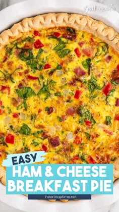 an easy ham and cheese breakfast pie on a white platter with text overlay