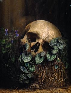 a painting of a human skull and flowers