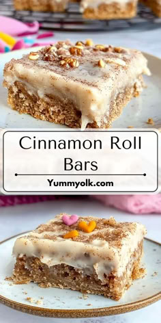 cinnamon roll bars with white frosting and nuts on top, sitting on a plate