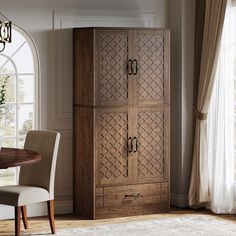 a tall wooden cabinet sitting next to a window