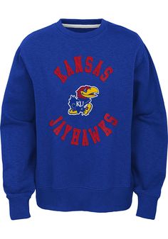 Let your little fan feel like one of the team in this Kansas Jayhawks Youth Blue The Come Back Crew Sweatshirt! They'll love showing off their pride in this KU Jayhawks Jayhawks Crew Neck Shirt, which features a direct embroidery team graphic on center chest. Cotton Throwback Sweatshirt For Fan Gear, Cotton Throwback Fan Gear Sweatshirt, Casual Sweatshirt With Embroidered Graphics For Fans, Cotton Sweatshirt With Ribbed Cuffs For Fan Gear, Team-colored Throwback Cotton Sweatshirt, Blue School Spirit Sweatshirt For Fans, Blue Sweatshirt For School Spirit, Blue Collegiate Pre-shrunk Sweatshirt, Collegiate Blue Pre-shrunk Sweatshirt