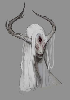 a creepy looking creature with long white hair and horns on it's head, in front of a gray background