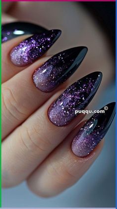 Purple Black Nail Art, Nails For Prom Purple, Black And Purple Glitter Nails, Dark Purple Sparkly Nails, Dark Purple And Silver Nails, Purple And Black Nail Ideas, Purple Manicure Ideas, Black And Purple Nail Ideas, Wedding Nails Purple