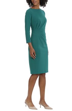 A pleated side shapes this sophisticated sheath that's ideal from day to night. 42 1/2" length Hidden back-zip closure Jewel neck Bracelet-length sleeves Lined 96% polyester, 4% spandex Machine wash, dry flat Imported Sheath Dress Outfit, Neck Bracelet, Alpine Green, Maggy London, Day To Night, Jewel Neck, Bracelet Length, To Night, Dress Outfit