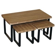 two wooden tables sitting next to each other on top of a white surface with black metal legs