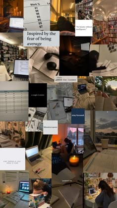 a collage of photos with people working on laptops, books and other items