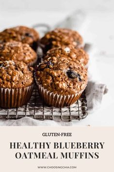 healthy blueberry oatmeal muffins on a cooling rack with text overlay