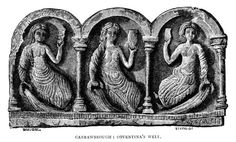 an old drawing of three women sitting on pedestals