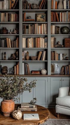 Wall To Wall Built Ins Living Room, Library With Game Table, 3 Bookshelves Together, English Den Cozy Library, Living Room Ideas Bookshelves, Cool Small Office Design, Styling Library Bookshelves, Library Shelf Styling, Library In Small Room