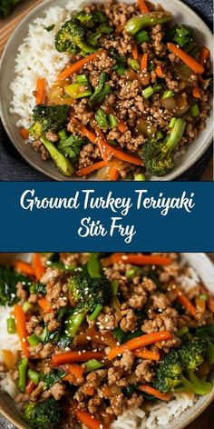 ground turkey teriyaki stir fry with rice and broccoli on the side