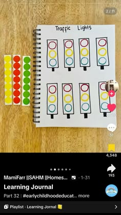 a table topped with lots of different types of traffic lights on top of a wooden table